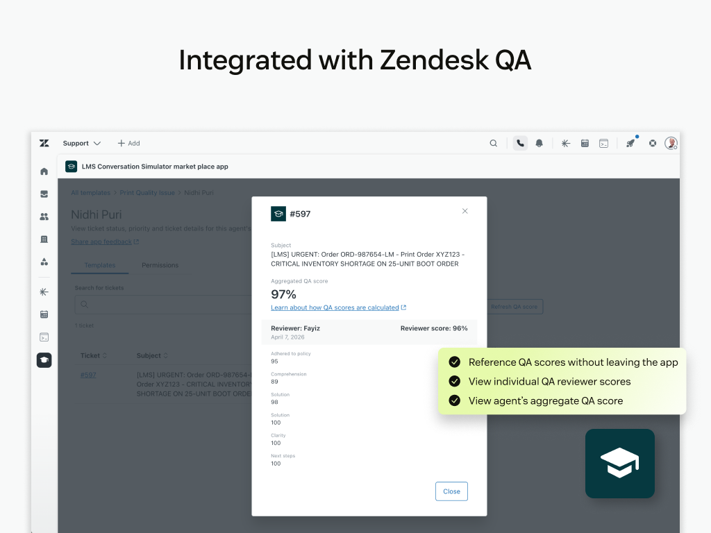 Conversation Training Simulator feature detail — WEM app on the Zendesk Marketplace